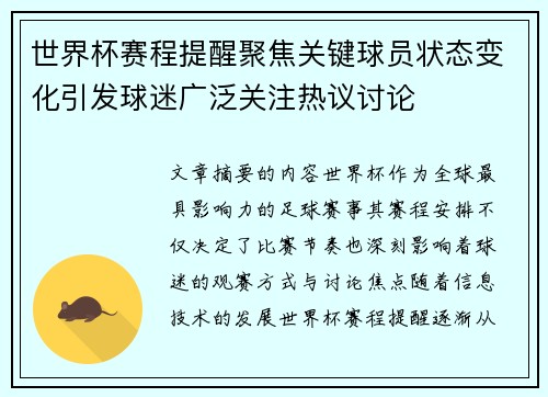 世界杯赛程提醒聚焦关键球员状态变化引发球迷广泛关注热议讨论