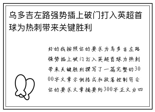 乌多吉左路强势插上破门打入英超首球为热刺带来关键胜利